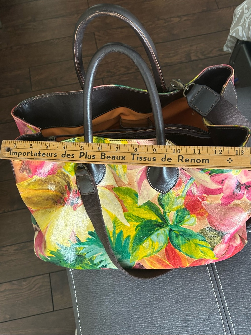 Maurizio Taiuti Floral Leather Tote in Yellow, Pink & Green - Picture 6 of 12